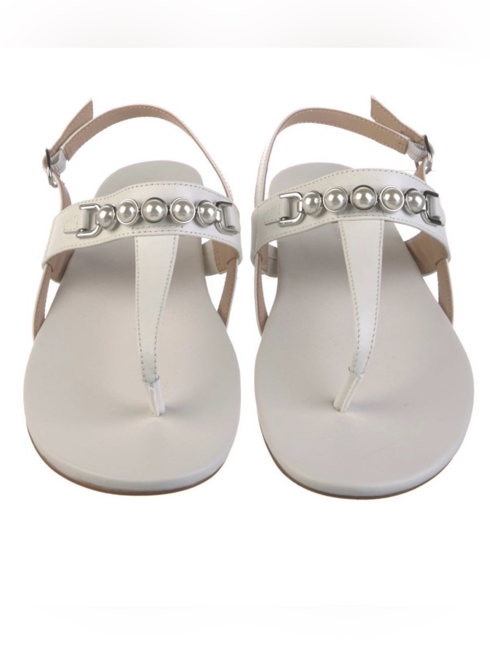 Stuart Weitzman White Leather Pearl-Trim Slingback Sandals. Size 7.5